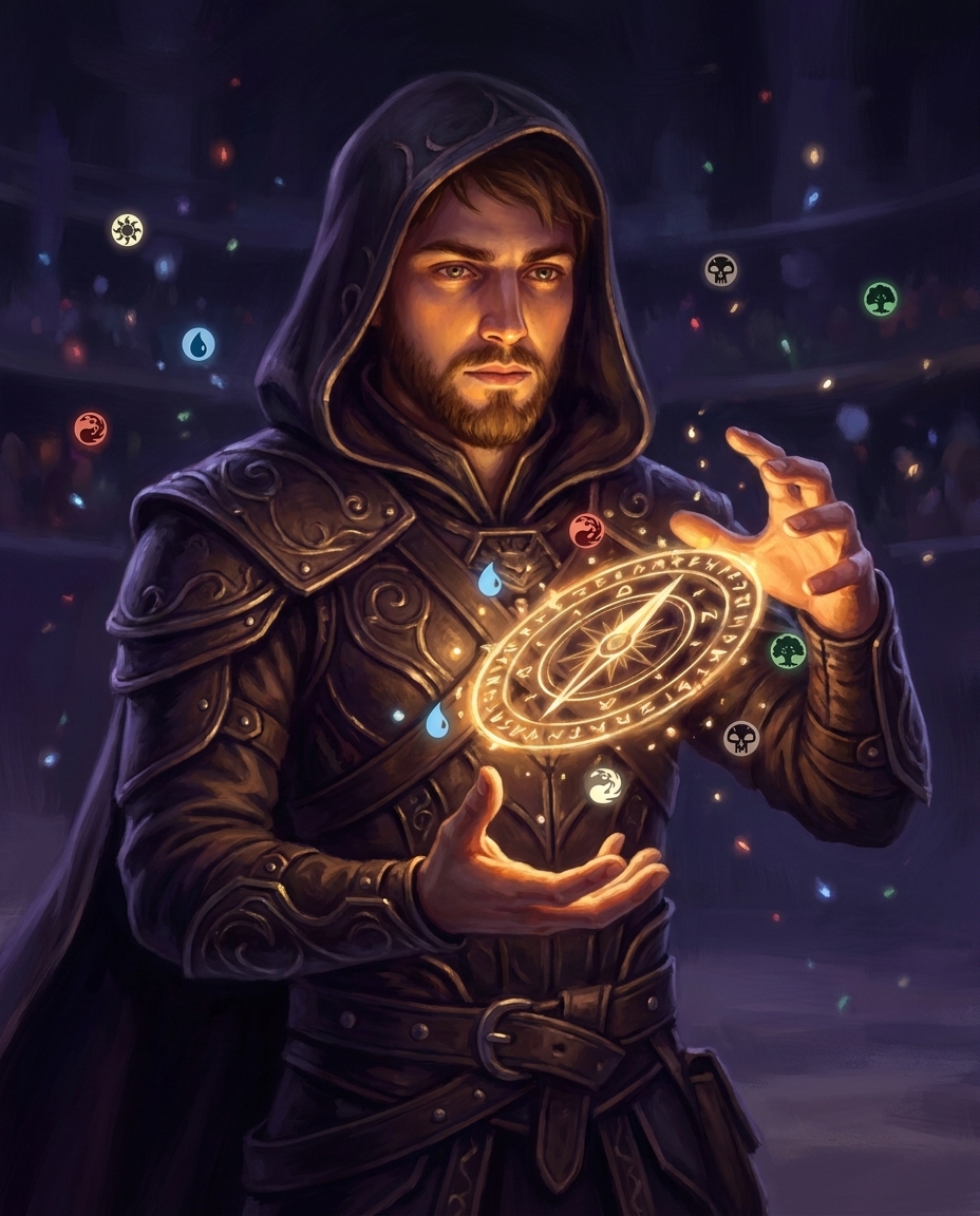 Stilisiertes Fantasy-Portrait eines Planeswalkers mit leuchtendem arkanem Kompass, umgeben von den fünf Mana-Farben — Charakter-Avatar für Arenakompass